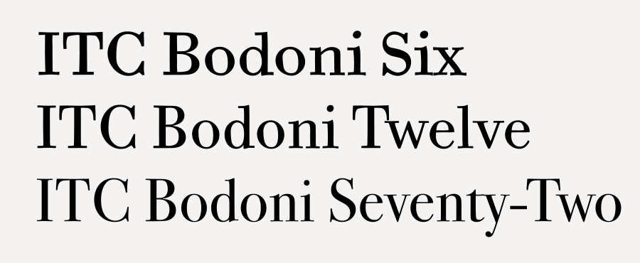 The three size-sensitive versions of the ITC Bodoni Series.