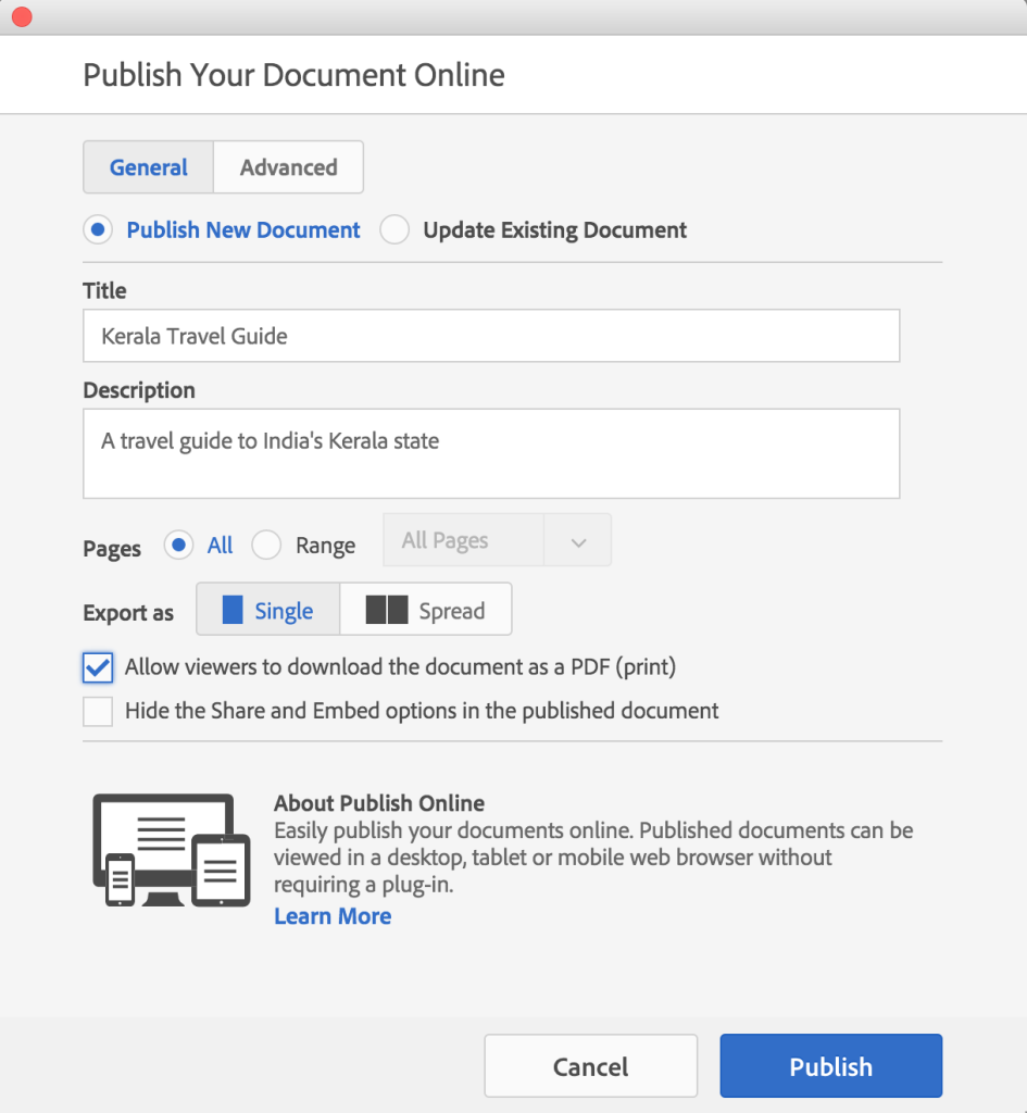Publish Online Dialog