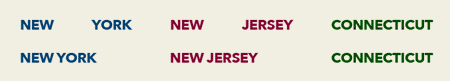 Figure 8: A flush space can also be used to evenly space (or flush) out justified lists, such as these three states. Without it (top), two-word names are separated, but the addition of a flush space between the two state names (bottom) fixes the problem.