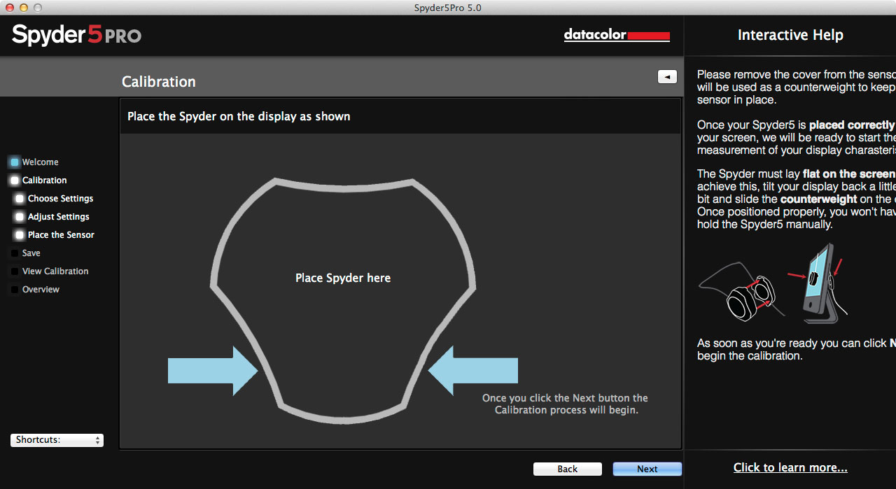 Figure 17: Tilt the monitor back, and place the Spyder device in the indicated position.
