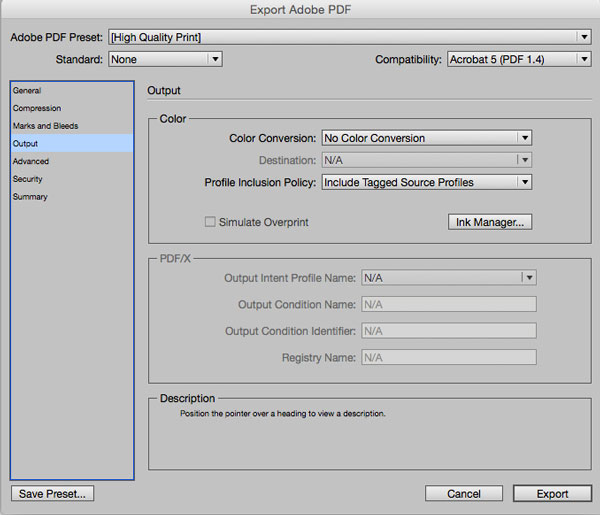 Figure 12: Choosing how color is handled in the Output pane of the Export Adobe PDF dialog box.