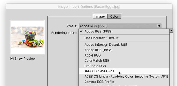 Figure 7: Choosing a color profile when placing an image.