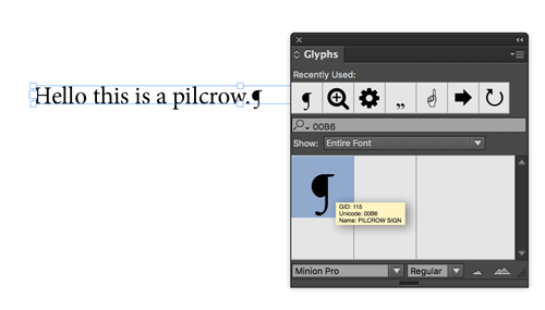 Figure 2: Using the Glyphs panel to search for Unicode values. Hover over a glyph to see the Glyph ID or Unicode value.