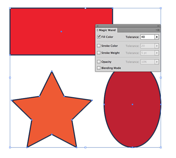 Illustrator Magic Wand panel with fill color selected with three shapes of different shades of red