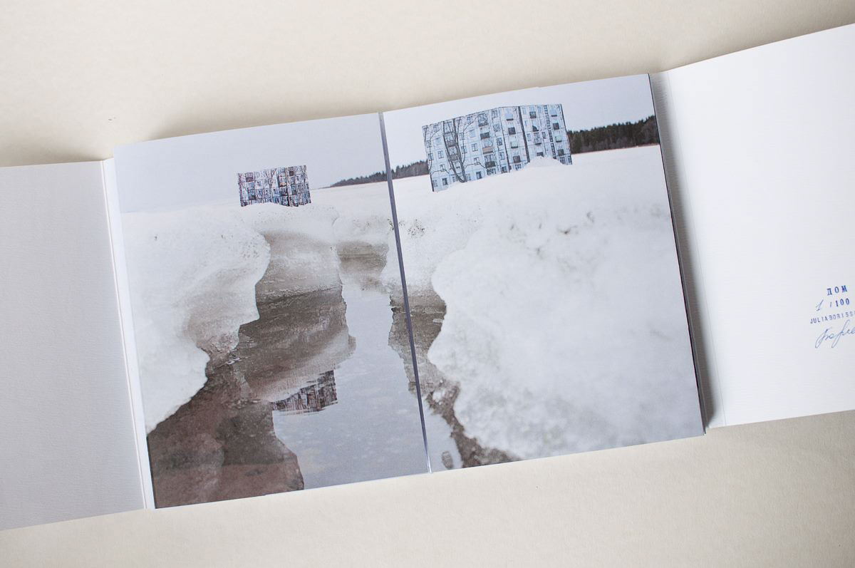 Figure 5: On the outside of the gatefold spreads of DOM are full-bleed photographs of Borissova’s paper apartment model, placed in various outdoor environments.