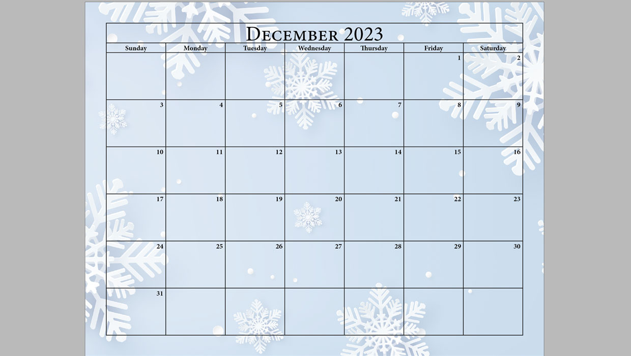 example of a calendar page made in Adobe InDesign with the Calendar Wizard script by Scott Selberg