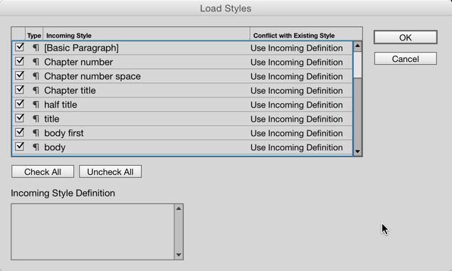 Figure 5: When you load a publication’s text styles into your template, you will of course have many “conflicts,” which is InDesign’s way of saying “matches.” When the incoming style matches the name of an existing style, InDesign defaults to updating the existing style’s settings to also match. That’s exactly what you want, if you’re trying to keep your template up to date with the edits you’ve made to the styles.
