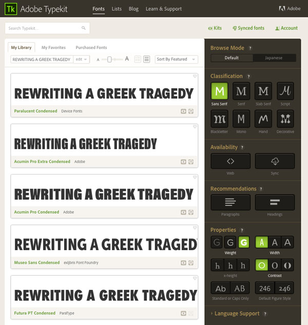 Figure 12: You can enter your own custom text to see how it looks in a variety of Typekit fonts.