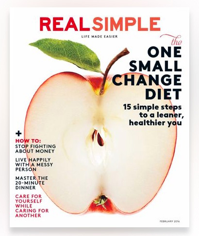 Figure 3: Cover of Real Simple magazine. Clean type combined with the apple image on a pure white background adds up to a layout that’s true to the magazine’s name: real and simple.
