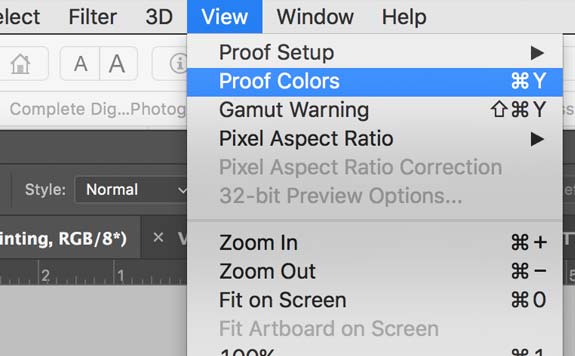 View, Proof Colors menu item in Photoshop