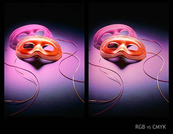 Comparing rgb-to-cmyk-color, Photo of masks by Martha DiMeo