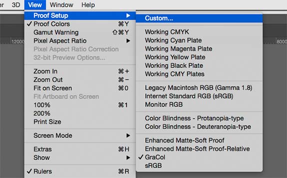 Proof Setup, Custom menu item in Photoshop