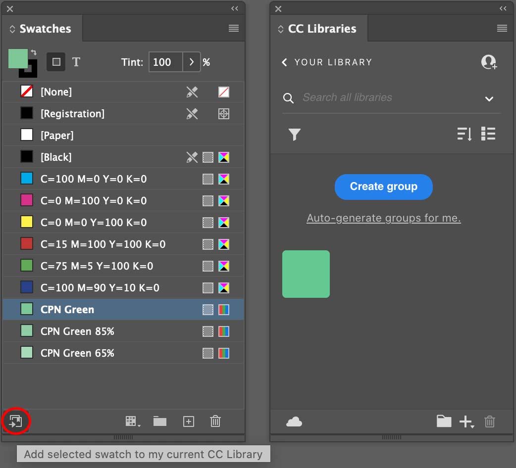 InDesign Swatches panel and CC Libraries panel
