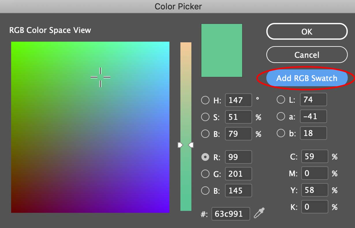 InDesign color picker showing Add Swatches button circled