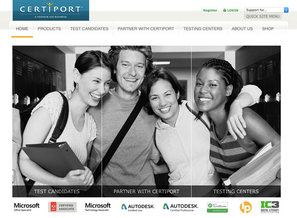 Figure 1: The home page of Certiport.com, the site where you register for ACA exams