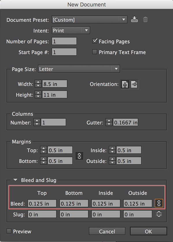 InDesign New Document menu with Bleed and Slug section indicated