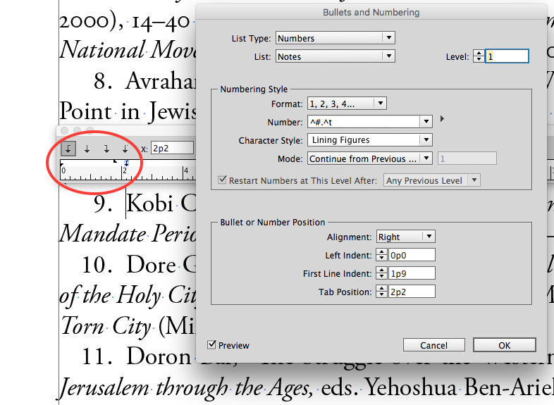Figure 6: You can use the Tabs panel to help you visualize the indent settings of the Bullets and Numbering position.
