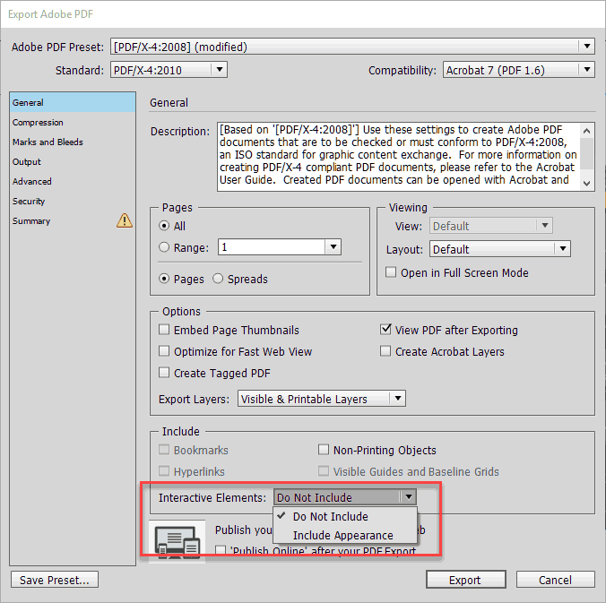 Figure 4: If an image has been converted to a button, it won’t print if you select Interactive Elements: Do Not Include in the PDF Export dialog box.