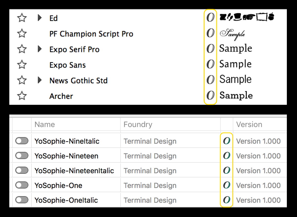 OpenType fonts are usually indicated with a two-toned O in the font menu of most design software (upper). You can also filter via font format in many font management utilities, such as FontAgent Pro (lower).