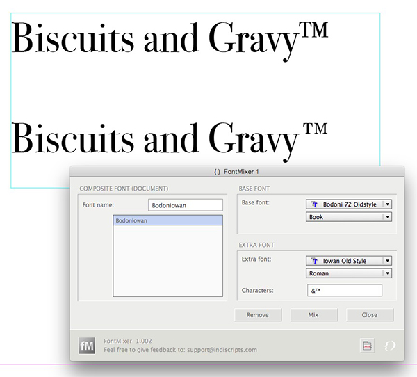 Bodoni Oldstyle's TM formatting (above); The new font with characters added from Iowan Old Style (below)