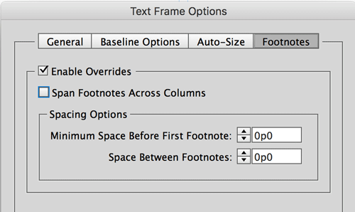 Figure 3: You can override the document footnotes setting in the new Footnotes tab of the Text Frame Options dialog box.