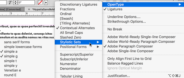 Figure 4: The traditional way to view and turn on OpenType options requires navigating though lots of menus.