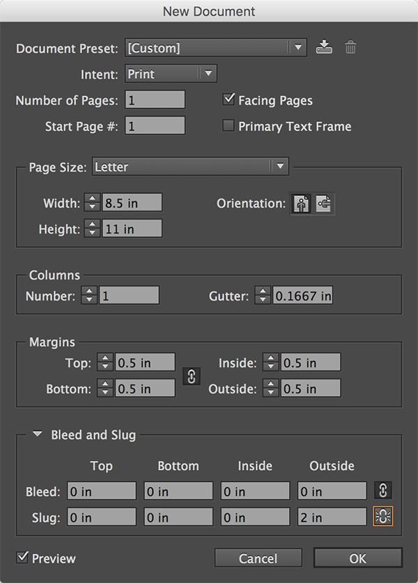 indesign new document dialog box slug area