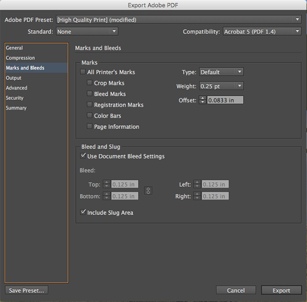 indesign export print pdf dialog box slug area