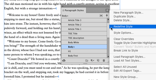 Figure 2: From the Paragraph Styles panel menu, choose Redefine Style to incorporate local overrides into the style definition.