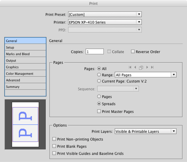 Figure 3: If you need adjacent pages to appear together in a printout, choose Spreads in the General print options.