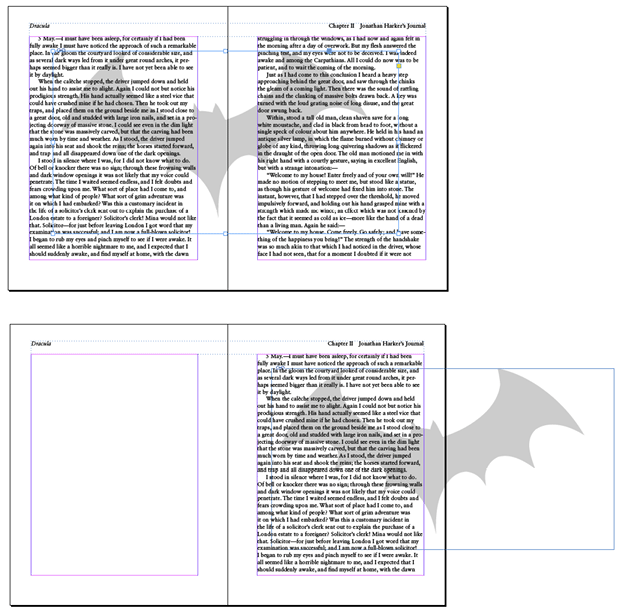 Figure 4: Page items that span spreads are potential problems if your pagination changes.