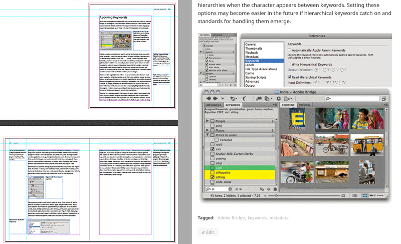 Figure 4: The anchored InDesign frames (left) are collected into a standard WordPress image gallery at the end of the draft post (right).