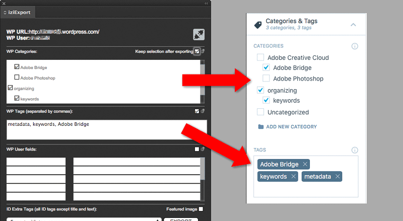 Figure 7: The WP Categories and WP Tags I entered in the iziExport panel (left) were successfully exported into WordPress (right).