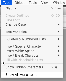 InDesign missing menu items