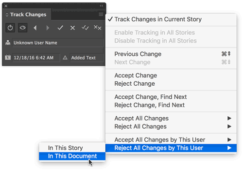 InDesign Track Changes menu