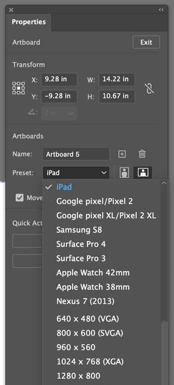 Artboard presets in Adobe Illustrator