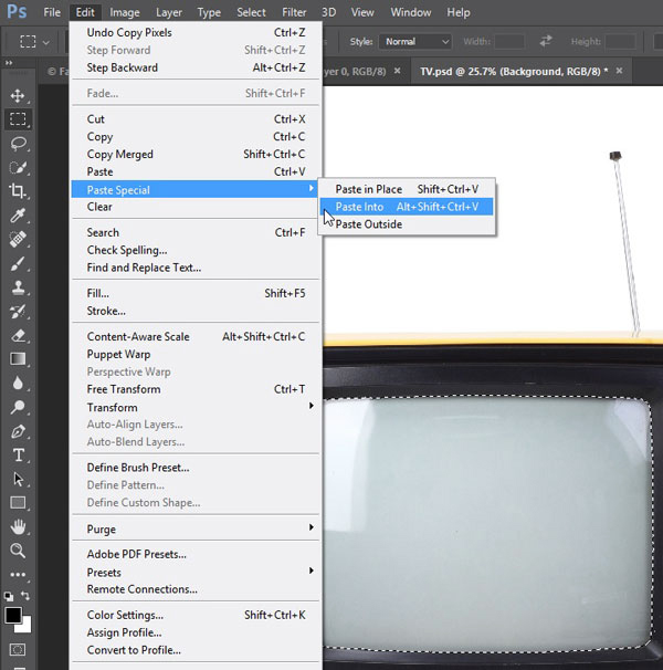 Photoshop Paste Into menu