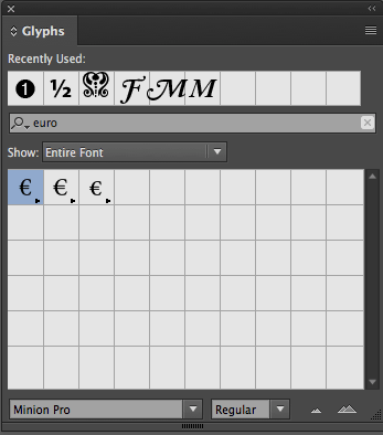 Figure 13: Finding specific glyphs is easier in recent versions of InDesign, thanks to the search field in the Glyphs panel.
