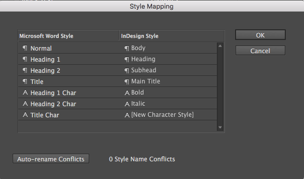 Figure 3: If your Word document is not well-styled, you can correct some of the formatting before placing the text, with the options in this dialog box. 