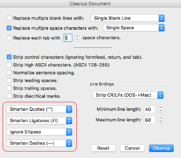 Tex-Edit Plus can both ‘smarten’ as well as ‘stupify’ punctuation, as desired.