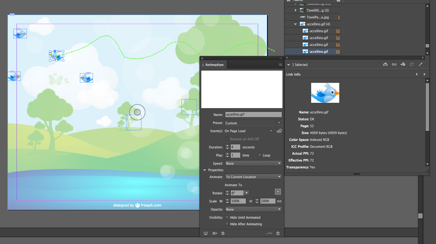 flying bird animation in InDesign
