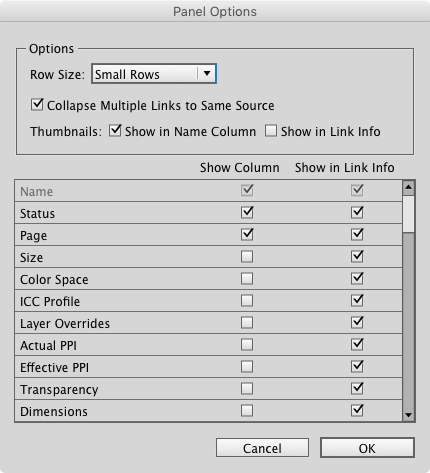 Figure 4: Just a few of the many Links panel options