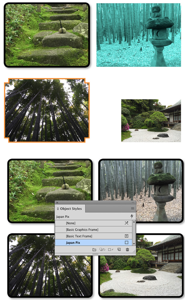 Figure 6: When you use object styles, all it takes is one click to go from a jumbled mess of image frames to perfect order and harmony.
