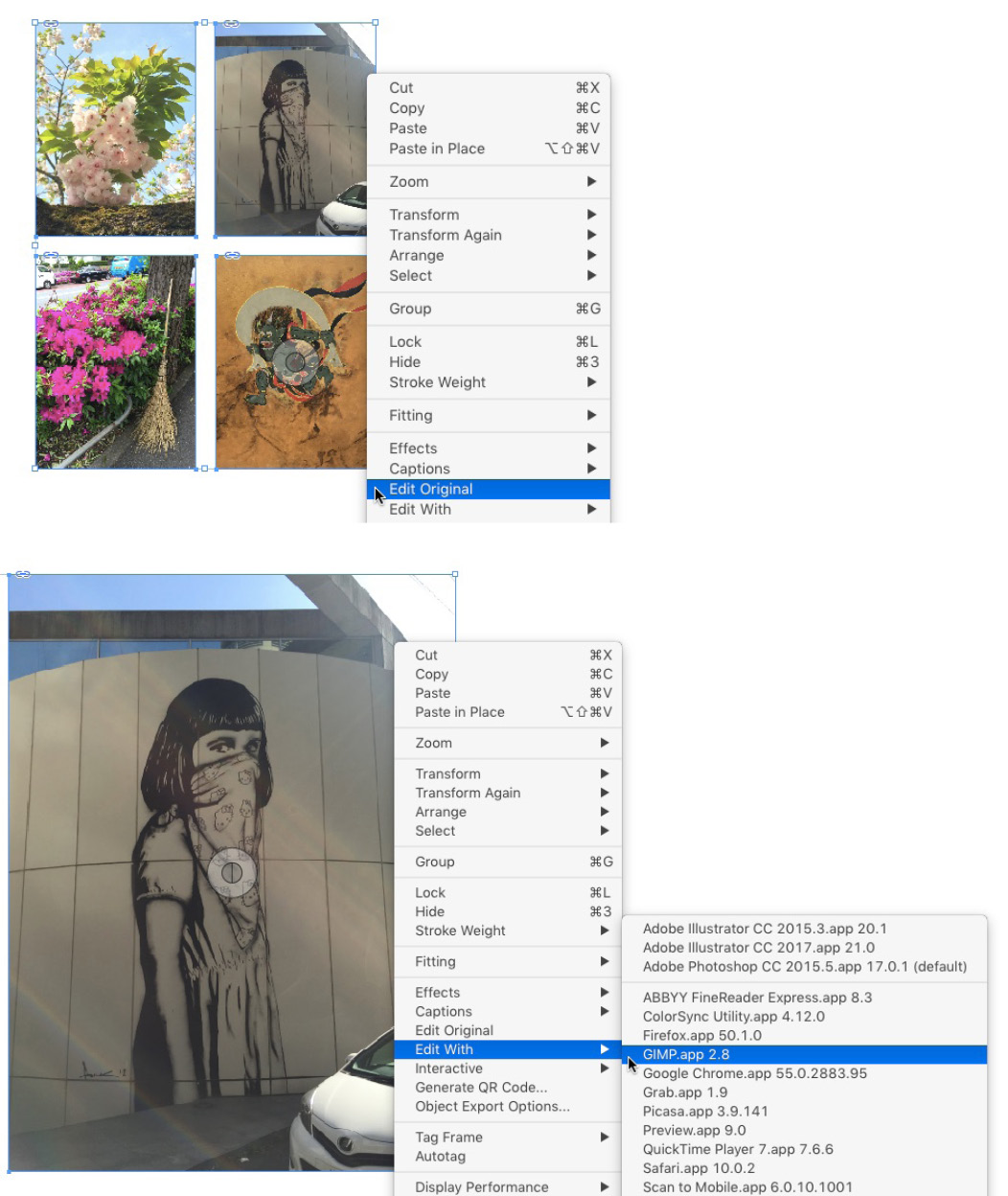 Figure 9: Right-clicking an image reveals commands for editing a placed image, either with your default application for the image’s file type (Edit Original) or another application of your choosing (Edit With).