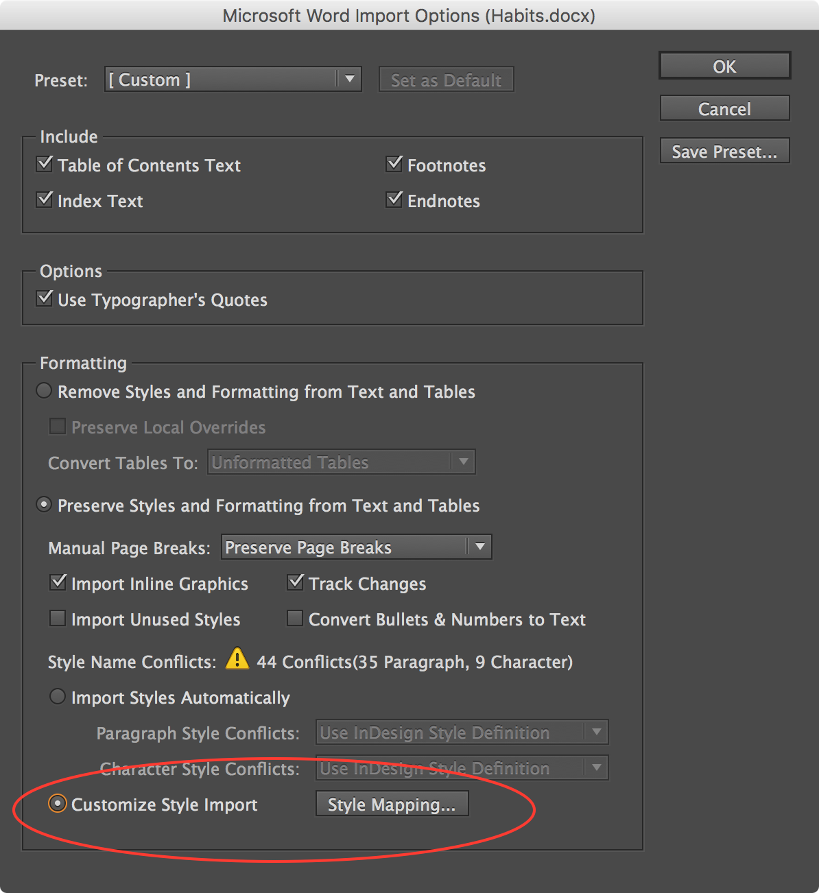 Figure 2: InDesign’s Microsoft Word Import Options
