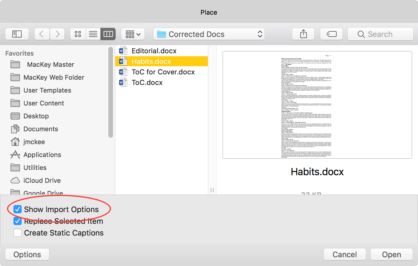 Figure 1: Accessing the “Show Import Options” options on Place.