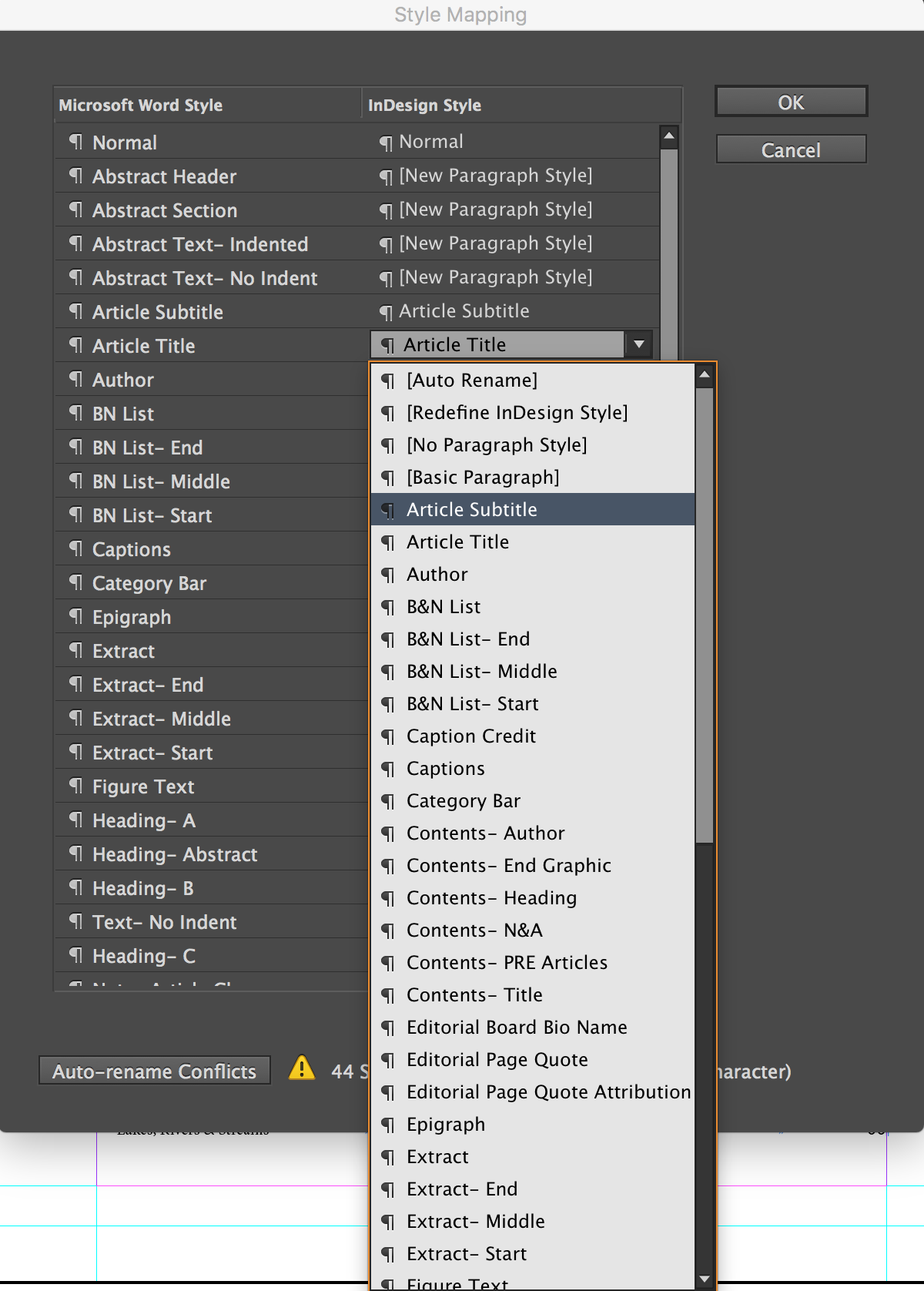 Figure 3: InDesign’s Style Mapping options