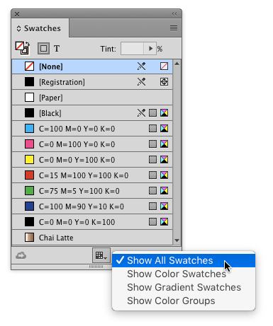 InDesign swatches panel show all swatches