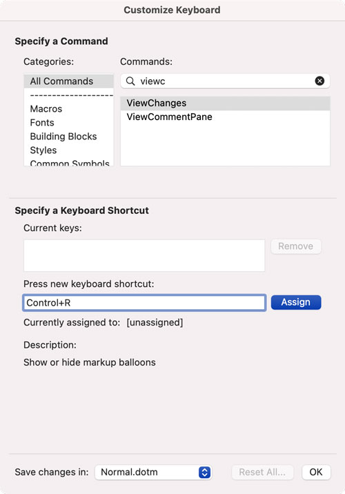 Microsoft Word Customize Keyboard menu