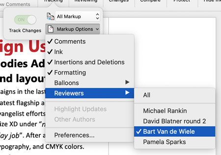 Microsoft Word Markup Options menu with one author selected